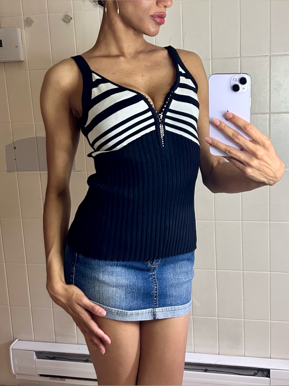 Belldini Striped Ribbed Zip Tank - Picture 2 of 7